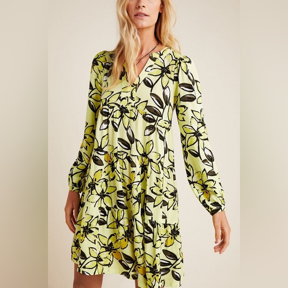 Maeve Dresses & Skirts - Anthro Maeve Yellow Floral Amber Tiered Tunic Dress, Size M
